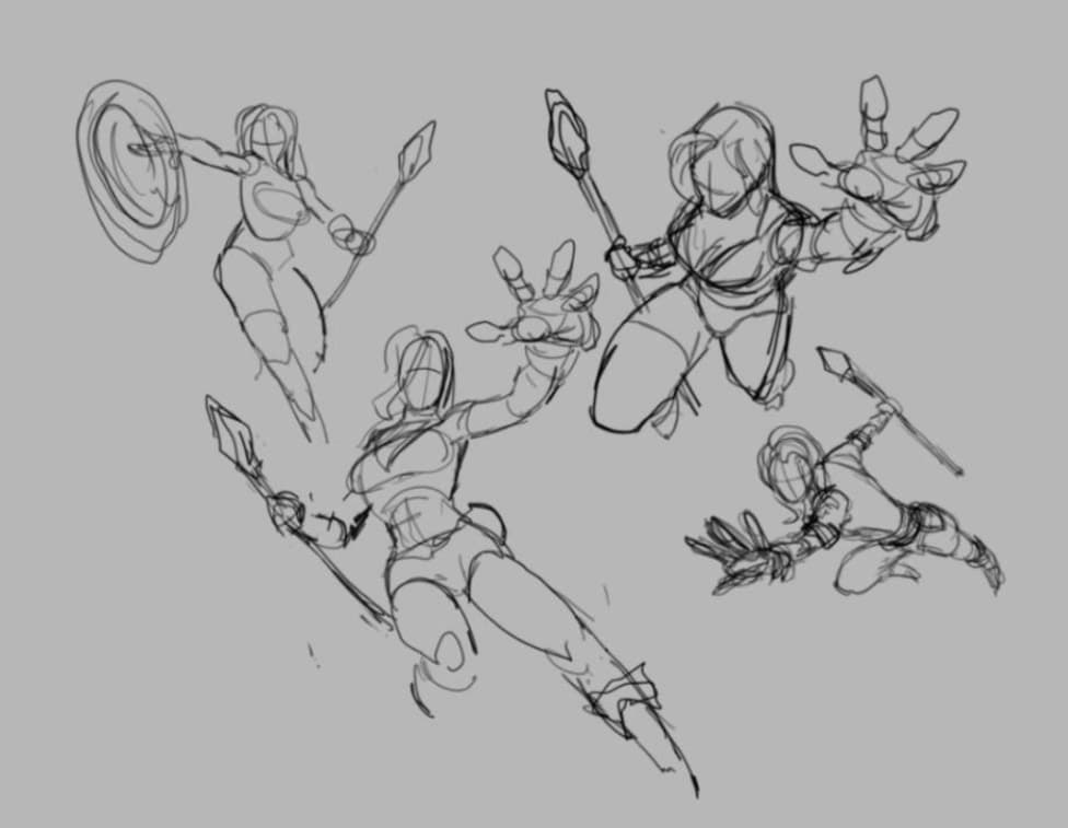 Pencil sketches exploring layouts for the Alina: Last Stand capsule art