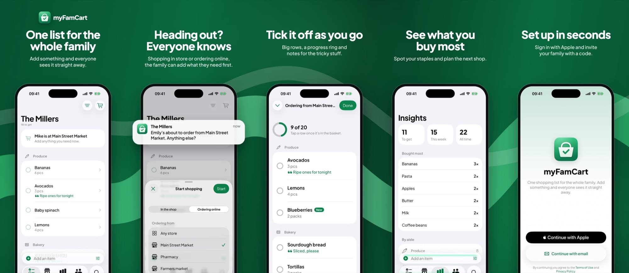 myFamCart screens on iPhone