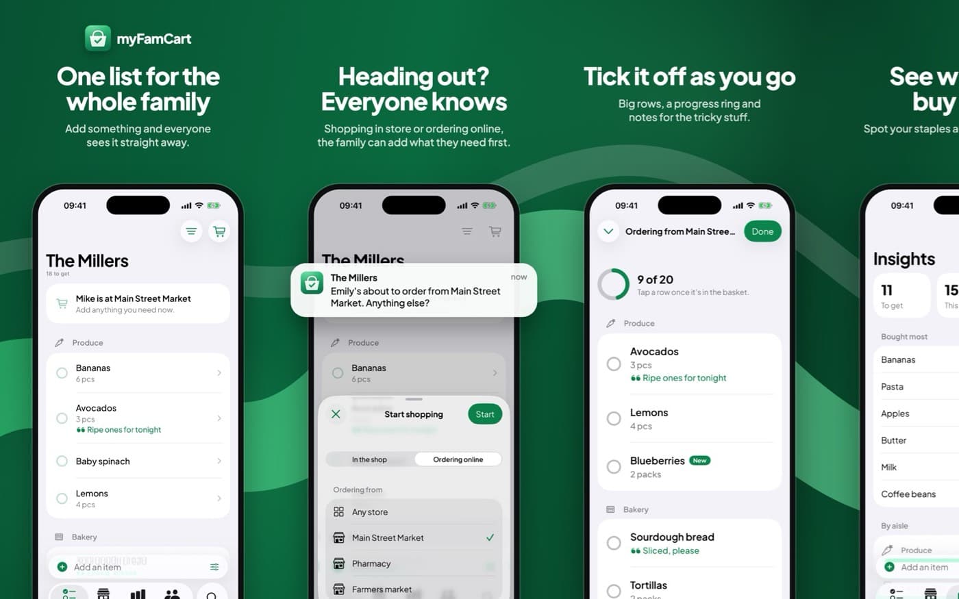myFamCart screens on green