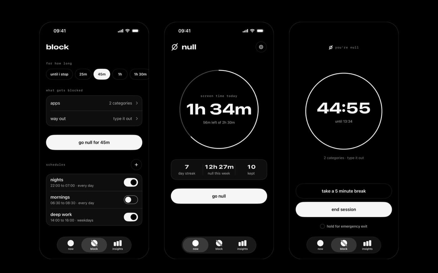 Three iPhone screens of null