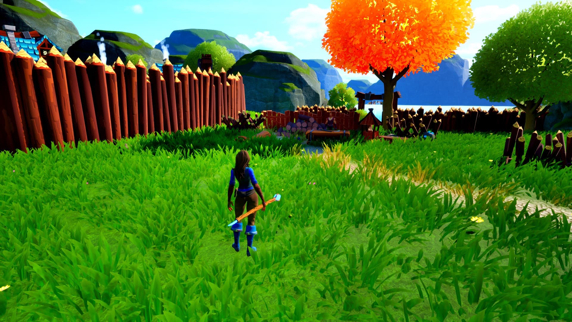 Alina holding her staff in a green world lined with wooden barricades