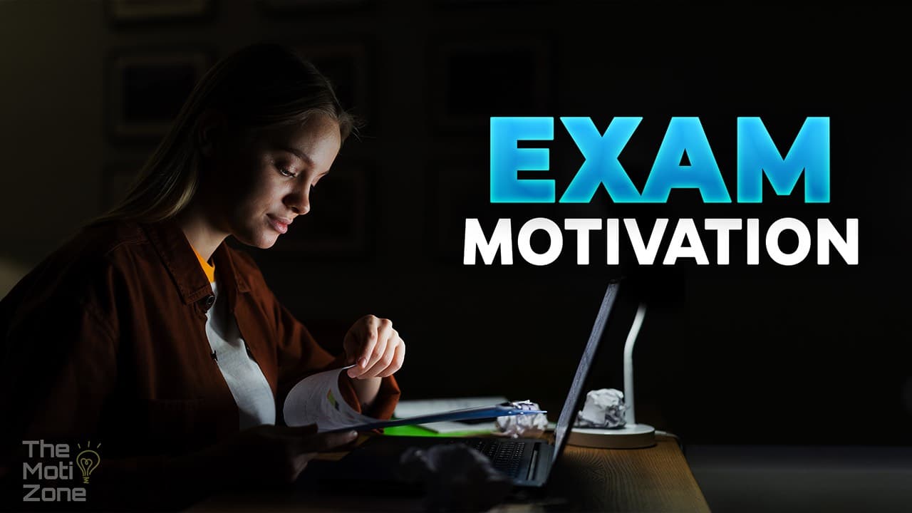 A student studying late at night under the words Exam motivation