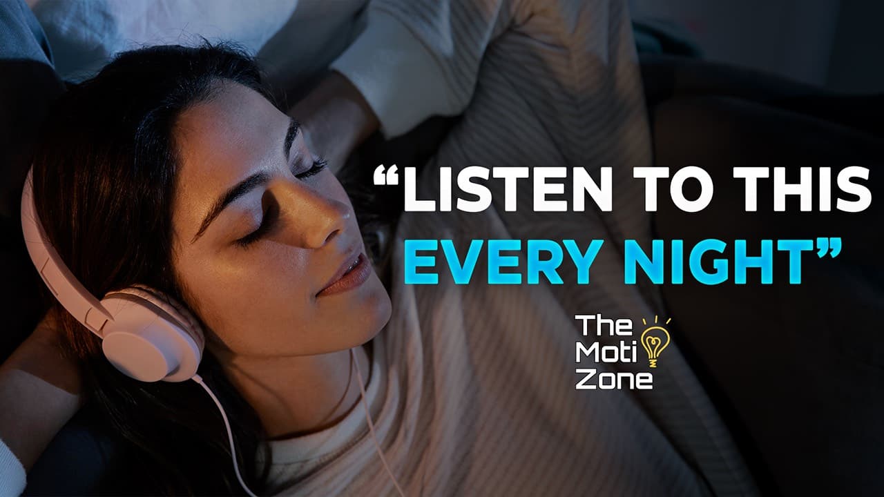 A woman in headphones under the words Listen to this every night